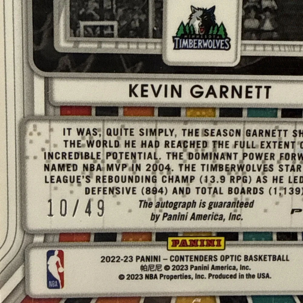 2022 Panini Contenders Optic Kevin Garnett On Card Auto Blue Prizm/49
